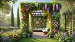 dall·e 2025 01 21 13.58.01 a high definition realistic image of a lush garden wall covered with vibrant climbing plants. the wall features a variety of climbing plants like ivy,